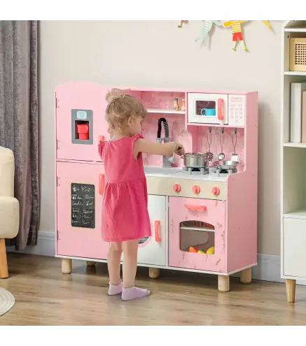 Cocina de Madera Infantil con Sonido Fogón Horno Grifo Fregadero Microondas Lavadora Máquina de Hielo Rosa