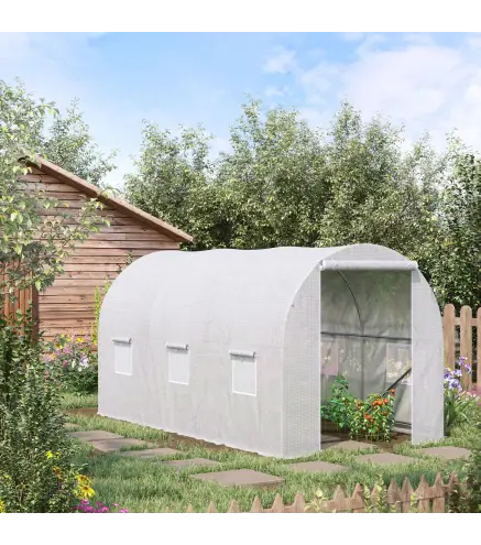Invernadero de Túnel 3,5x2x2 m con 6 Ventanas de Malla y Puerta Enrollable con Cremallera Anti-UV Blanco