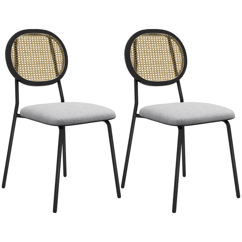 Pack de 2 Sillas de Comedor con Respaldo de Ratán Sintético y Marco de Acero para Salón 44x54x87 cm Gris y Negro