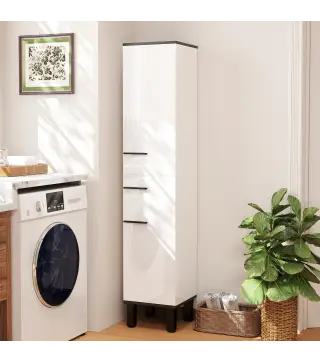 Armario Alto de Baño con Cajón 2 Puertas y Estantes Ajustable Mueble Auxiliar de Baño Anti-vuelco 34x32x170 cm Blanco