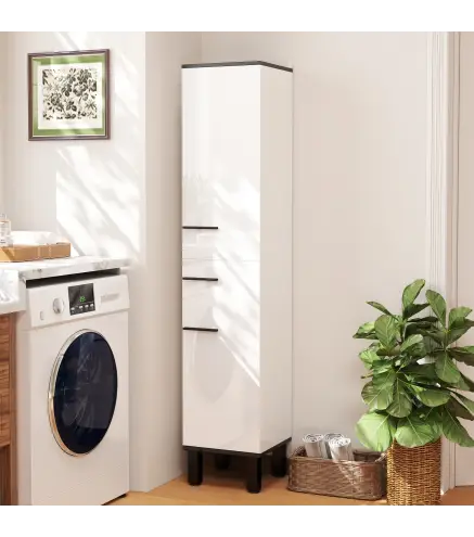 Armario Alto de Baño con Cajón 2 Puertas y Estantes Ajustable Mueble Auxiliar de Baño Anti-vuelco 34x32x170 cm Blanco