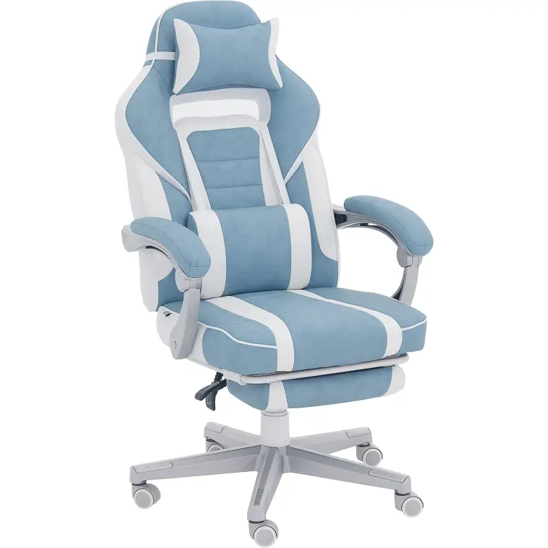 Silla Gamer Reclinable con Altura Ajustable Reposapiés Retráctil Soporte Lumbar y Reposacabezas Desmontable Azul