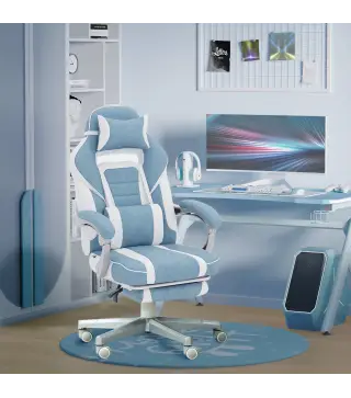 Silla Gamer Reclinable con Altura Ajustable Reposapiés Retráctil Soporte Lumbar y Reposacabezas Desmontable Azul