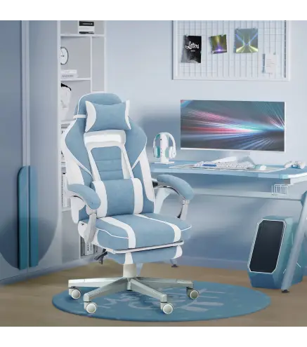 Silla Gamer Reclinable con Altura Ajustable Reposapiés Retráctil Soporte Lumbar y Reposacabezas Desmontable Azul