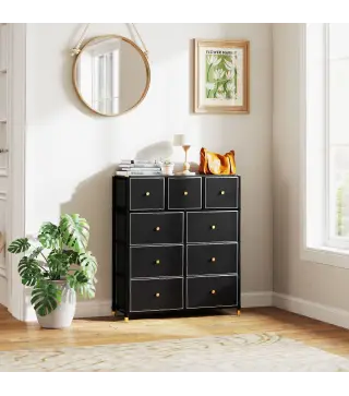 Cajonera de Tela con 9 Cajones Plegables con Frentes de Cuero PU y Marco de Acero Cajonera para Dormitorio Salón Negro