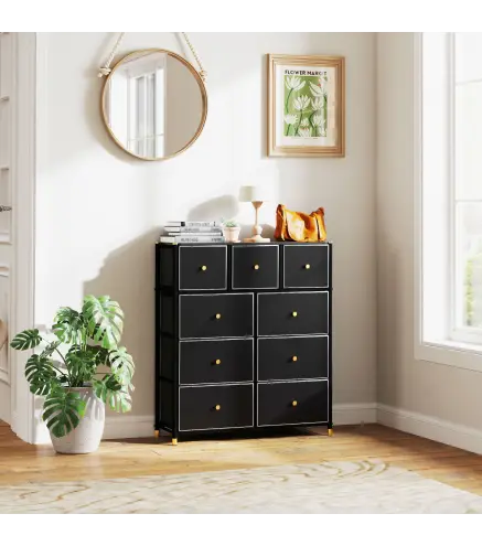 Cajonera de Tela con 9 Cajones Plegables con Frentes de Cuero PU y Marco de Acero Cajonera para Dormitorio Salón Negro