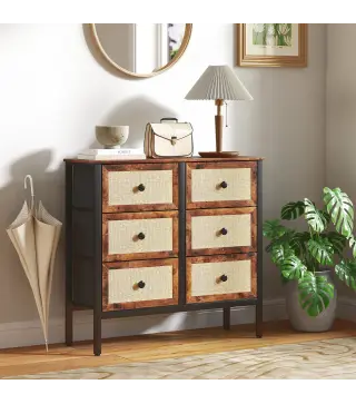 Cajonera de Tela con 6 Cajones Plegables con Frentes de Ratán y Marco de Acero Cajonera para Dormitorio Marrón Rústico