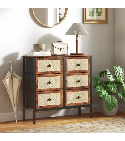 Cajonera de Tela con 6 Cajones Plegables con Frentes de Ratán y Marco de Acero Cajonera para Dormitorio Marrón Rústico