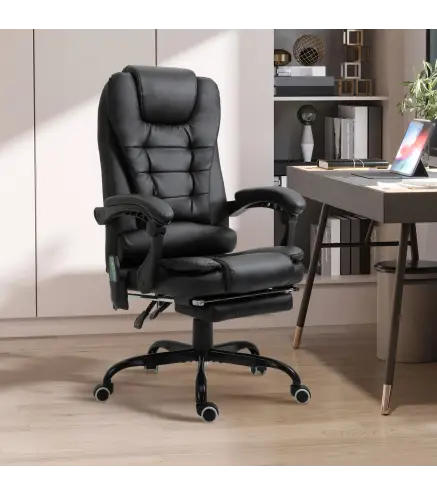 Silla de Oficina con 7 Puntos de Masaje con Reposapiés Retráctil Altura Ajustable Control Remoto y Tejido de PU Negro