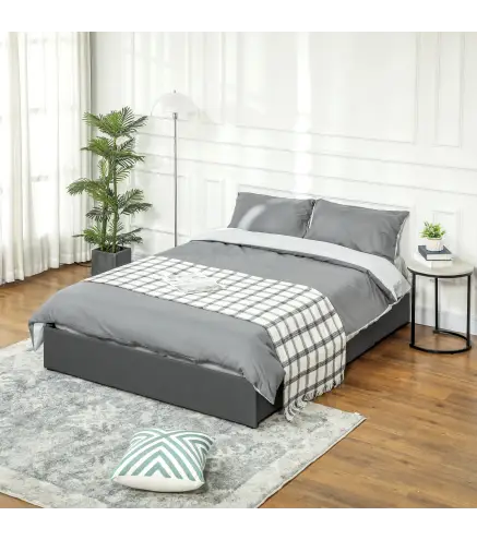 Cama Doble 140x190 cm Somier con 3 Cajones y Estructura de Metal Carga 363 kg Gris