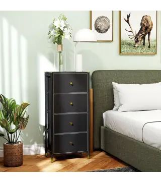 Cajonera de Tela con 4 Cajones Plegables con Frentes de PU y Marco de Acero Cajonera para Dormitorio Salón Negro