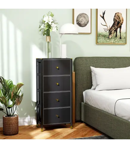 Cajonera de Tela con 4 Cajones Plegables con Frentes de PU y Marco de Acero Cajonera para Dormitorio Salón Negro