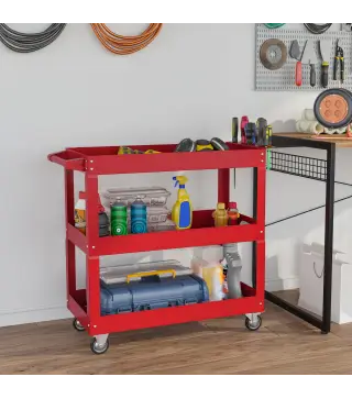 Carro de Taller de Acero con 3 Estantes de Almacenamiento y Asa Lateral Carga 150 kg 83x35,3x76 cm Rojo