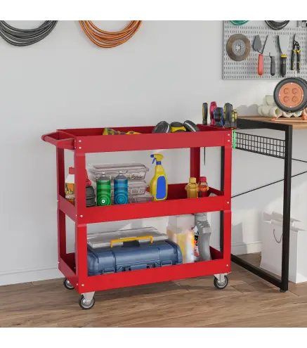 Carro de Taller de Acero con 3 Estantes de Almacenamiento y Asa Lateral Carga 150 kg 83x35,3x76 cm Rojo