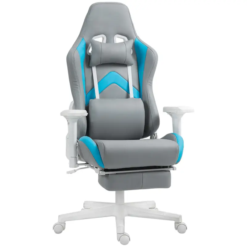 Silla Gamer Reclinable con Altura Ajustable Reposapiés Retráctil Soporte Lumbar y Reposacabezas Gris Claro y Azul
