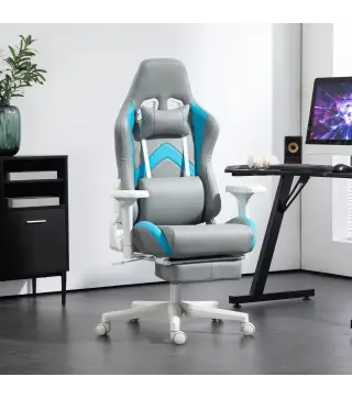 Silla Gamer Reclinable con Altura Ajustable Reposapiés Retráctil Soporte Lumbar y Reposacabezas Gris Claro y Azul