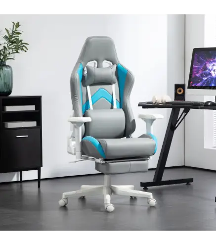 Silla Gamer Reclinable con Altura Ajustable Reposapiés Retráctil Soporte Lumbar y Reposacabezas Gris Claro y Azul