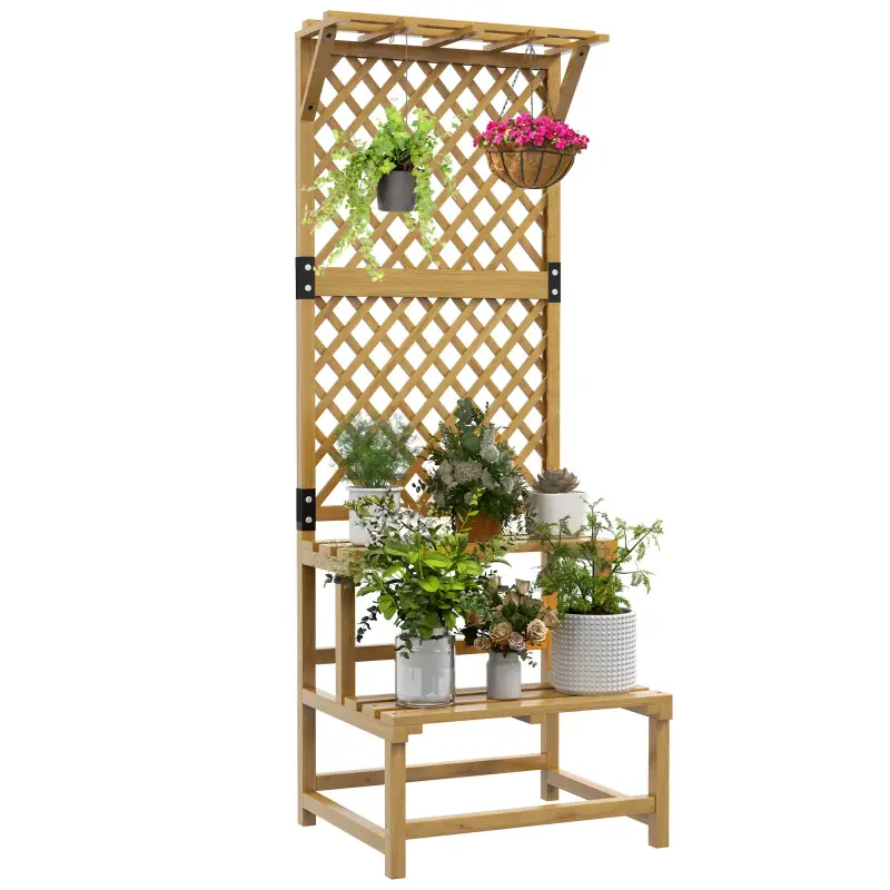 Soporte para Plantas de Madera Estantería para Plantas de 2 Niveles con Enrejado para Jardín Patio Terraza Natural