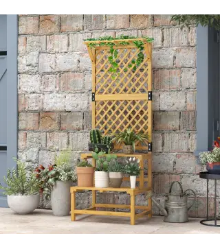 Soporte para Plantas de Madera Estantería para Plantas de 2 Niveles con Enrejado para Jardín Patio Terraza Natural