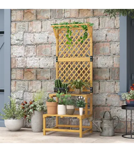 Soporte para Plantas de Madera Estantería para Plantas de 2 Niveles con Enrejado para Jardín Patio Terraza Natural