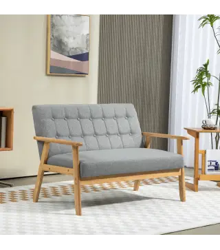 Sofá de 2 Plazas Tapizado en Lino con Reposabrazos de Madera Respaldo Acolchado Carga 250 kg Gris Claro