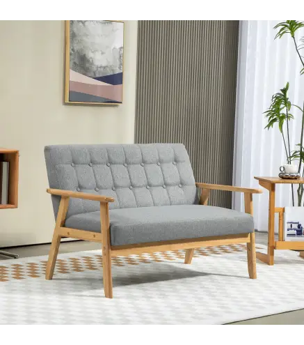 Sofá de 2 Plazas Tapizado en Lino con Reposabrazos de Madera Respaldo Acolchado Carga 250 kg Gris Claro