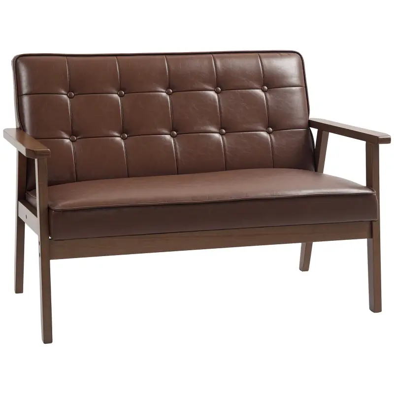 Sofá de 2 Plazas Tapizado en PU con Reposabrazos de Madera Respaldo Acolchado Carga 250 kg Marrón