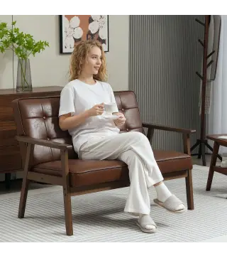 Sofá de 2 Plazas Tapizado en PU con Reposabrazos de Madera Respaldo Acolchado Carga 250 kg Marrón