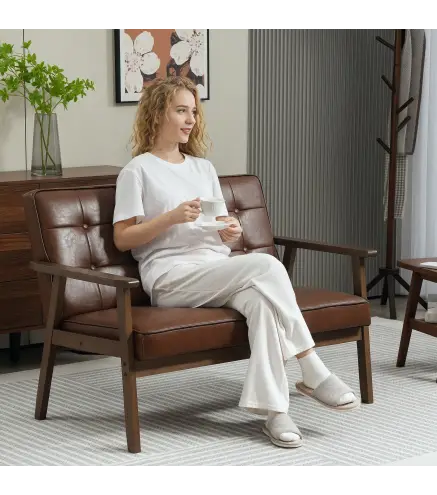 Sofá de 2 Plazas Tapizado en PU con Reposabrazos de Madera Respaldo Acolchado Carga 250 kg Marrón