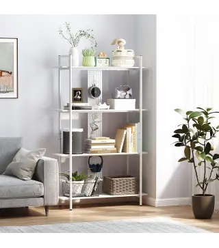 Estantería Librería de 4 Niveles con Panel Perforado y Marco Metálico Estantería Estrecha para Dormitorio Oficina Blanco