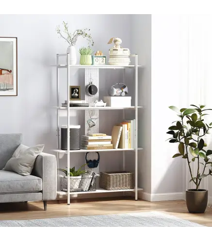Estantería Librería de 4 Niveles con Panel Perforado y Marco Metálico Estantería Estrecha para Dormitorio Oficina Blanco