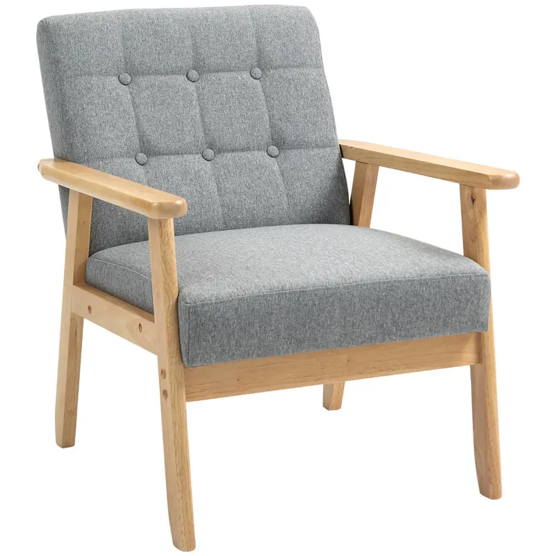 Butaca de Salón Tapizada en Lino con Reposabrazos y Marco de Madera de Caucho Carga 130 kg Gris Claro