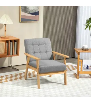 Butaca de Salón Tapizada en Lino con Reposabrazos y Marco de Madera de Caucho Carga 130 kg Gris Claro