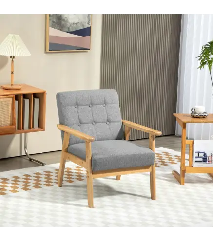 Butaca de Salón Tapizada en Lino con Reposabrazos y Marco de Madera de Caucho Carga 130 kg Gris Claro