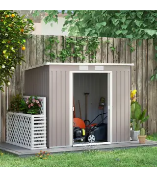 Cobertizo de Jardín Exterior 2,42 m² 213x130x172 cm con Puerta Corredera Techo Inclinado Base y 2 Ventanas Gris Claro