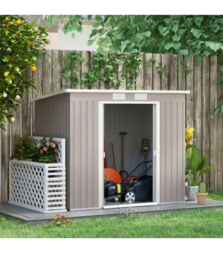 Cobertizo de Jardín Exterior 2,42 m² 213x130x172 cm con Puerta Corredera Techo Inclinado Base y 2 Ventanas Gris Claro