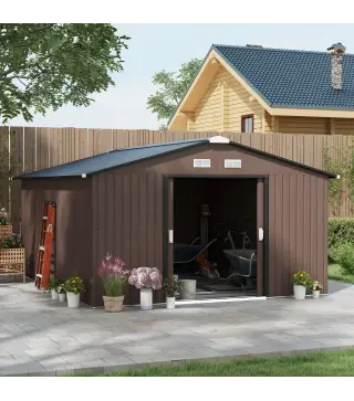 Cobertizo de Jardín Exterior 12,4 m² 340x386x200 cm con Puerta Corredera Techo Inclinado y 4 Ventanas Marrón