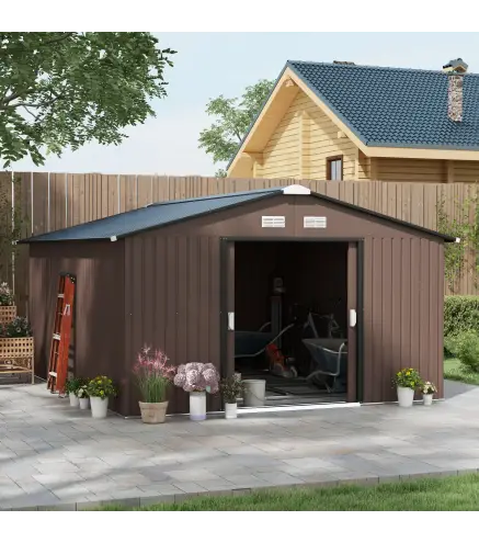 Cobertizo de Jardín Exterior 12,4 m² 340x386x200 cm con Puerta Corredera Techo Inclinado y 4 Ventanas Marrón