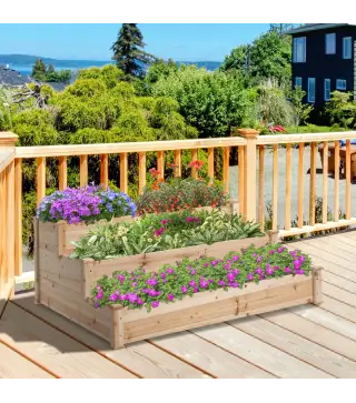 Jardinera Exterior Grande de Madera de 3 Niveles con Diseño de Escalera 120x120x56 cm Natural