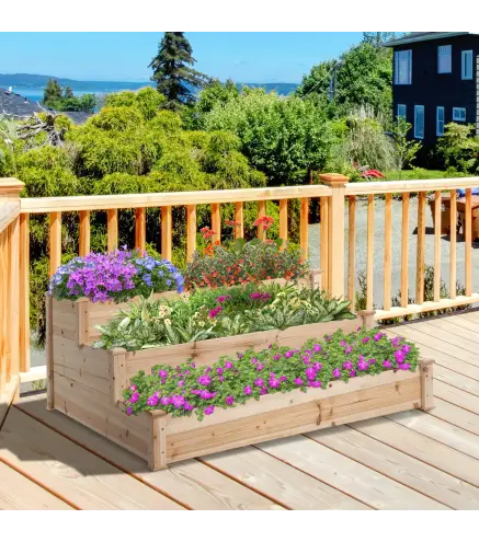 Jardinera Exterior Grande de Madera de 3 Niveles con Diseño de Escalera 120x120x56 cm Natural