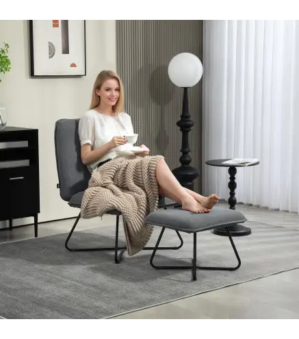 Butaca con Reposapiés Sillón para Lectura con Patas de Acero en Forma de Cruz Gris Oscuro