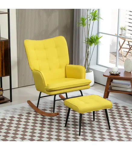 Silla Mecedora con Reposapiés Cojín Acolchado y Reposabrazos Carga 130 kg Amarillo