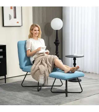 Butaca con Reposapiés Sillón para Lectura con Patas de Acero en Forma de Cruz Azul Claro