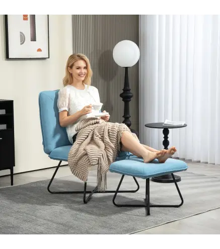 Butaca con Reposapiés Sillón para Lectura con Patas de Acero en Forma de Cruz Azul Claro