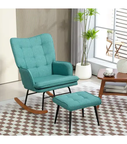Silla Mecedora con Reposapiés Cojín Acolchado y Reposabrazos Carga 130 kg Verde Azulado
