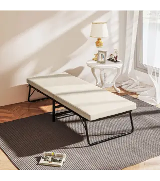 Cama Plegatín Plegable 70x180 cm con Colchón de Espuma Respaldo Ajustable en 5 Posiciones y Ruedas Carga 120 kg Crema