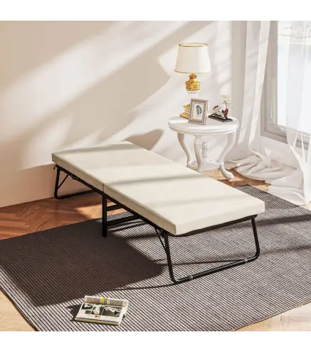 Cama Plegatín Plegable 70x180 cm con Colchón de Espuma Respaldo Ajustable en 5 Posiciones y Ruedas Carga 120 kg Crema