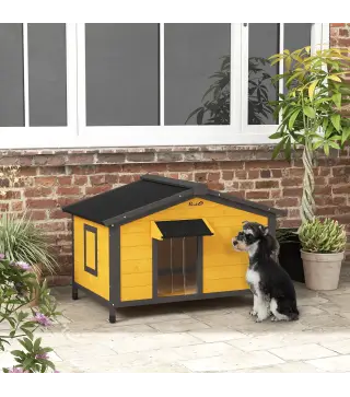 Caseta para Perros Exterior con Techo Asfáltico Abatible Ventanas y Base Extraíble 97x72x65 cm Madera Natural