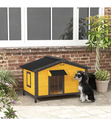 Caseta para Perros Exterior con Techo Asfáltico Abatible Ventanas y Base Extraíble 97x72x65 cm Madera Natural