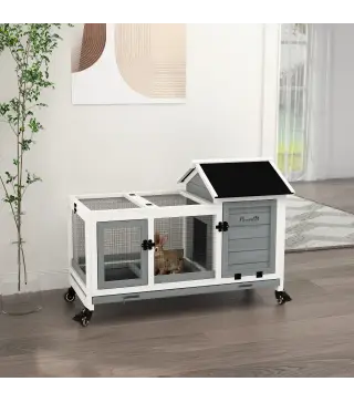 Jaula para Conejos con Ruedas Techo Abatible y Bandeja Extraíble para Interior y Exterior 108x58x73,5 cm Gris